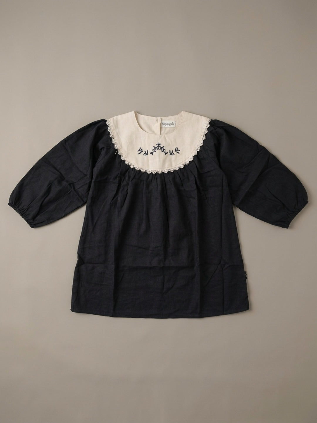 Biglilpeople Girls Black Embroidered Lace Round Neck Long Sleeves A-Line Dress