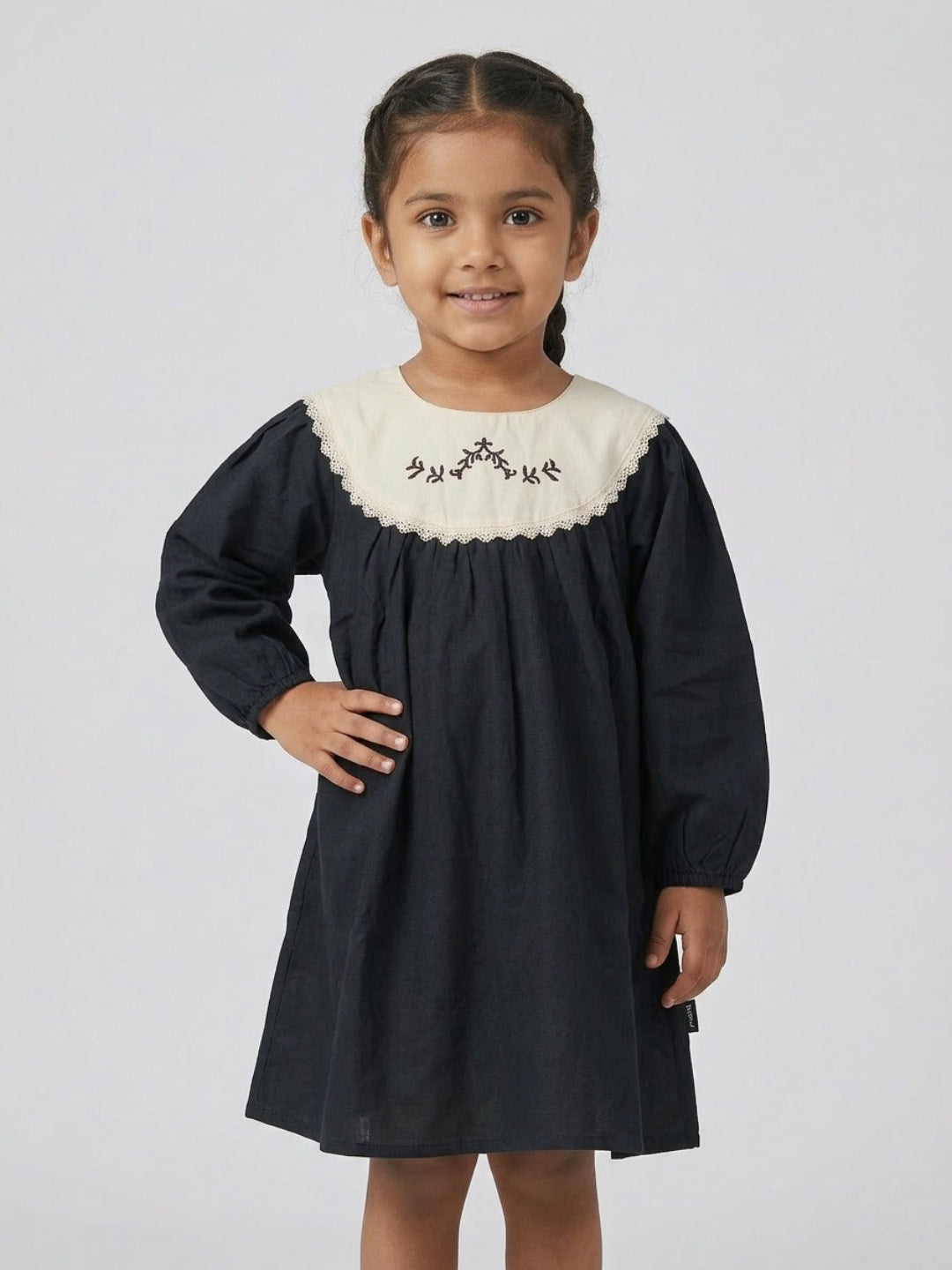 Biglilpeople Girls Black Embroidered Lace Round Neck Long Sleeves A-Line Dress