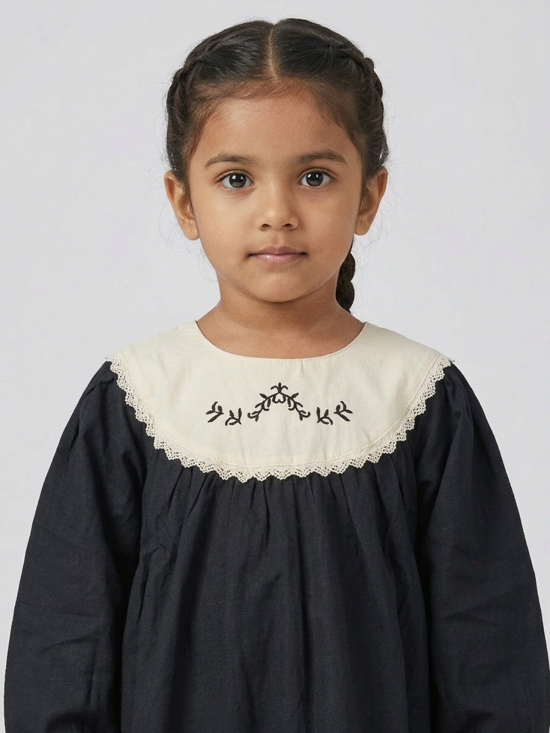 Biglilpeople Girls Black Embroidered Lace Round Neck Long Sleeves A-Line Dress