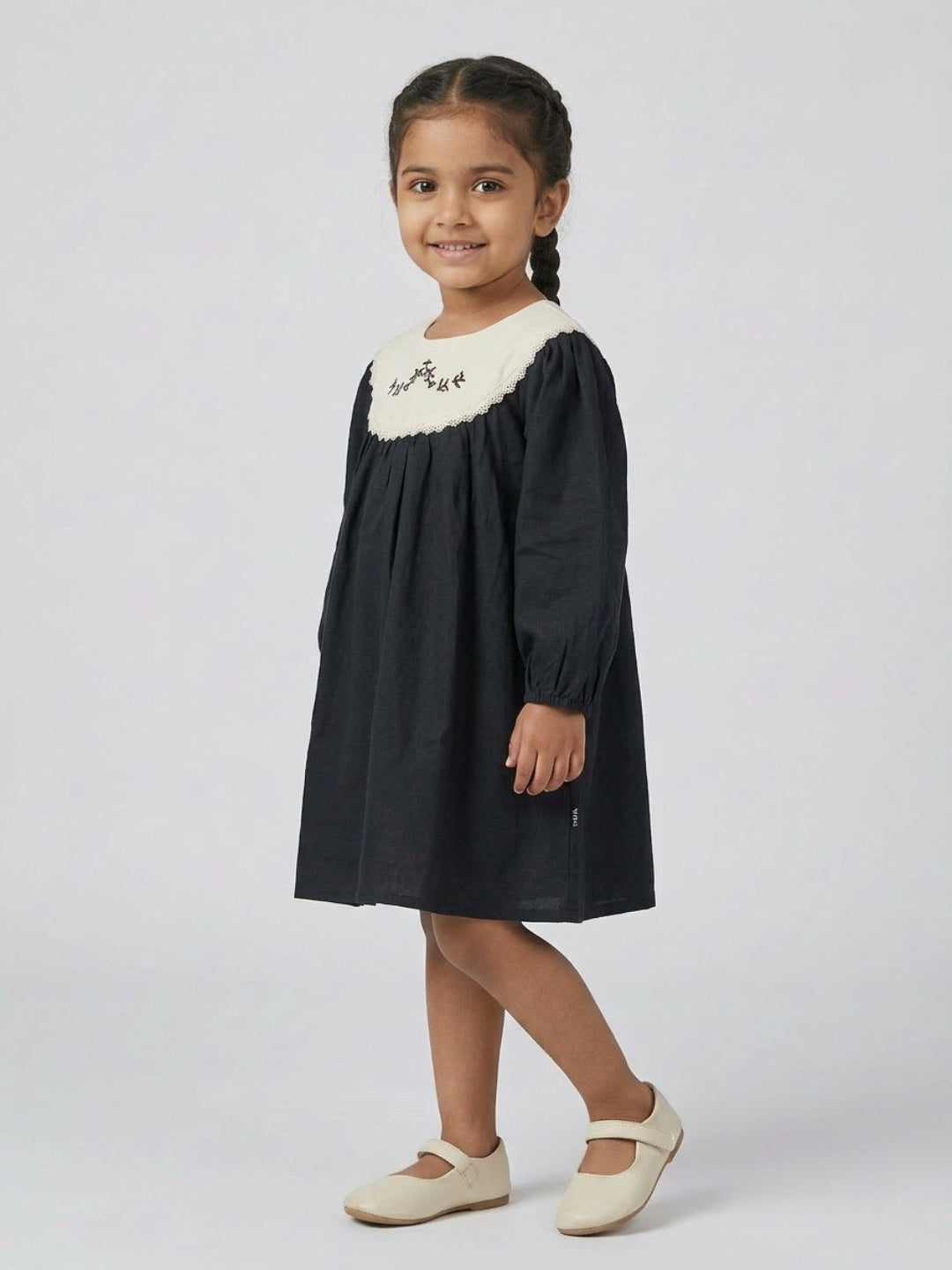 Biglilpeople Girls Black Embroidered Lace Round Neck Long Sleeves A-Line Dress