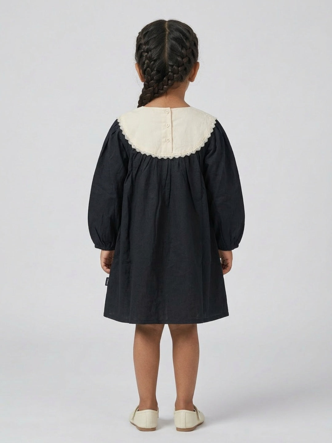 Biglilpeople Girls Black Embroidered Lace Round Neck Long Sleeves A-Line Dress