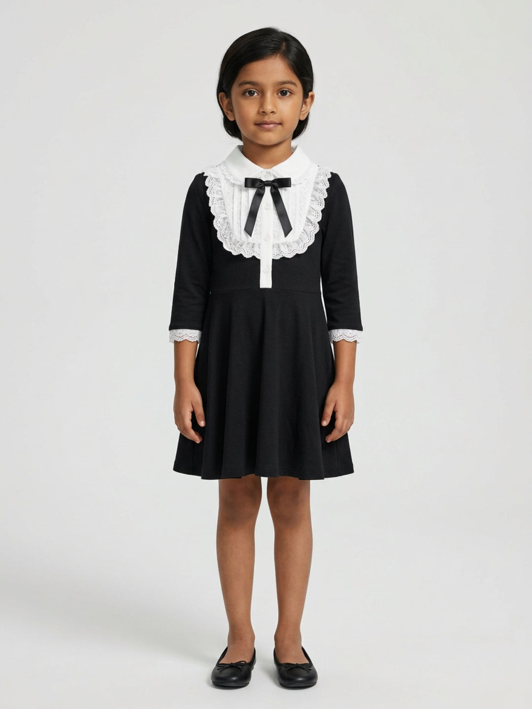 Biglilpeople Girls Black Embroidered Lace Spread Collar 3/4th Sleeves A-Line Dress