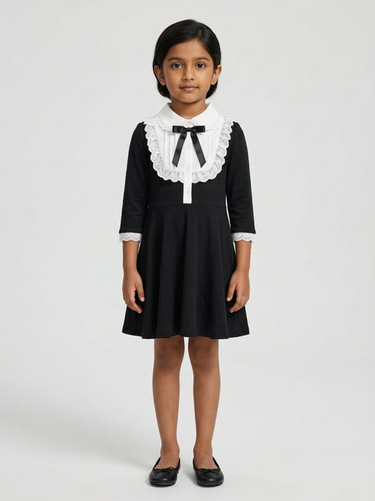 Biglilpeople Girls Black Embroidered Lace Spread Collar 3/4th Sleeves A-Line Dress