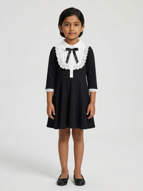 Biglilpeople Girls Black Embroidered Lace Spread Collar 3/4th Sleeves A-Line Dress