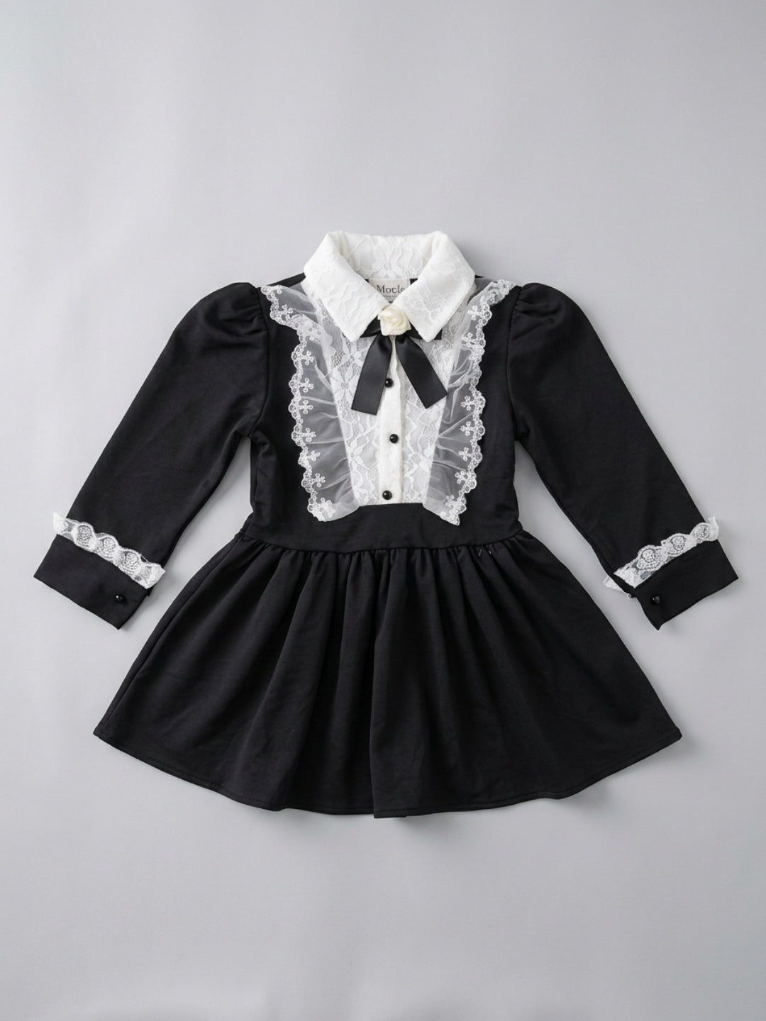 Biglilpeople Girls Black Embroidered Lace Spread Collar 3/4th Sleeves A-Line Dress