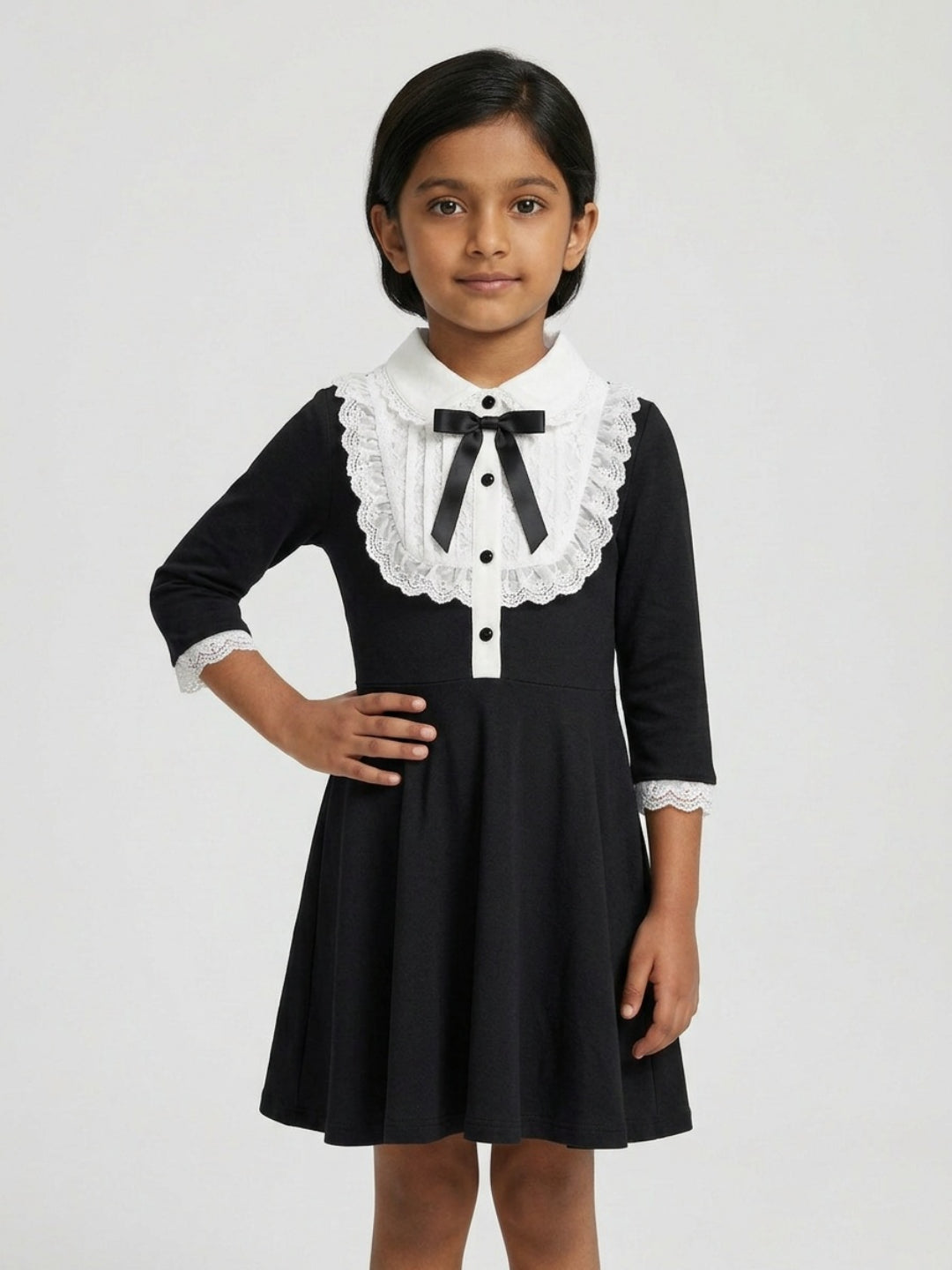 Biglilpeople Girls Black Embroidered Lace Spread Collar 3/4th Sleeves A-Line Dress