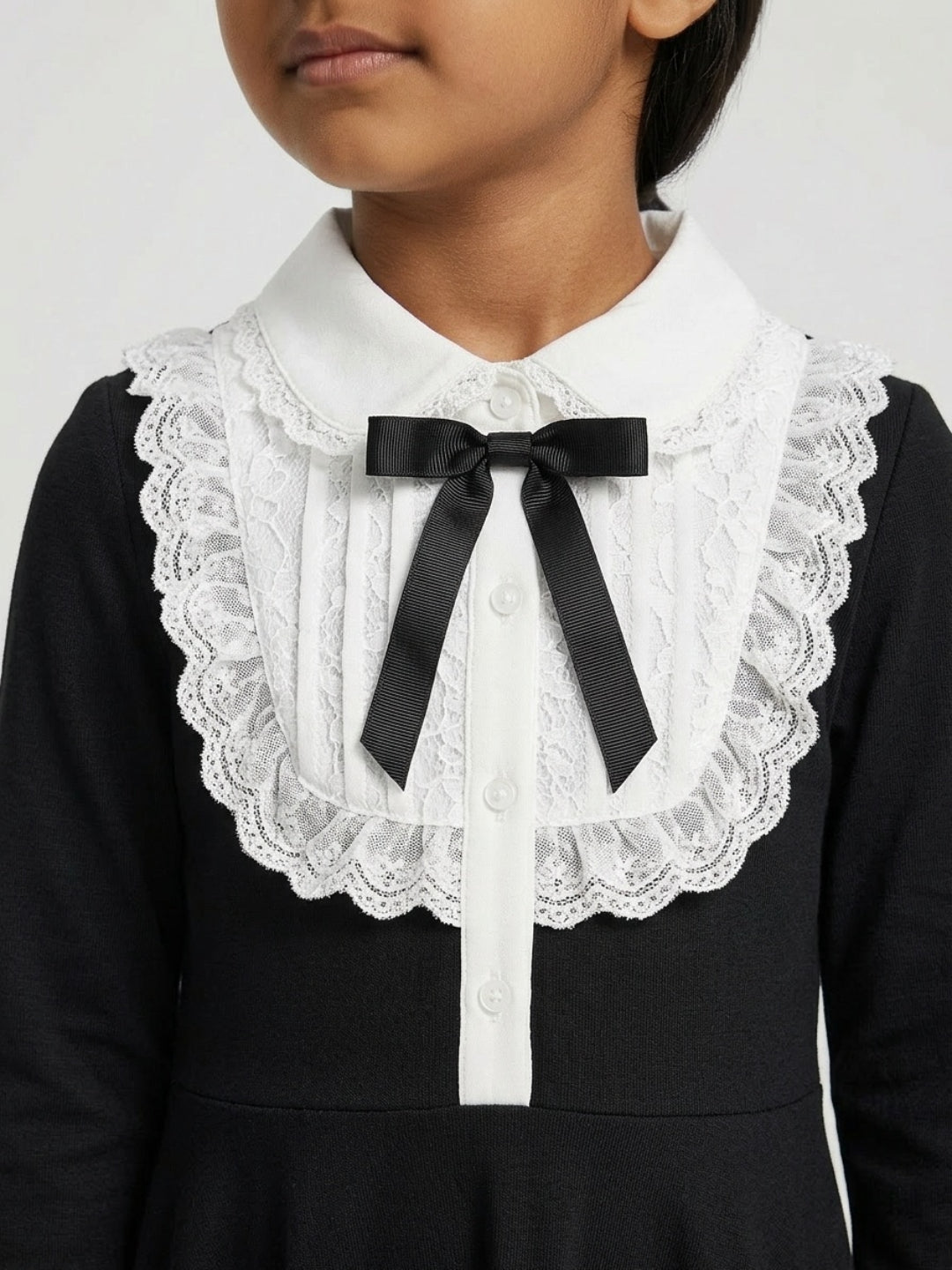 Biglilpeople Girls Black Embroidered Lace Spread Collar 3/4th Sleeves A-Line Dress