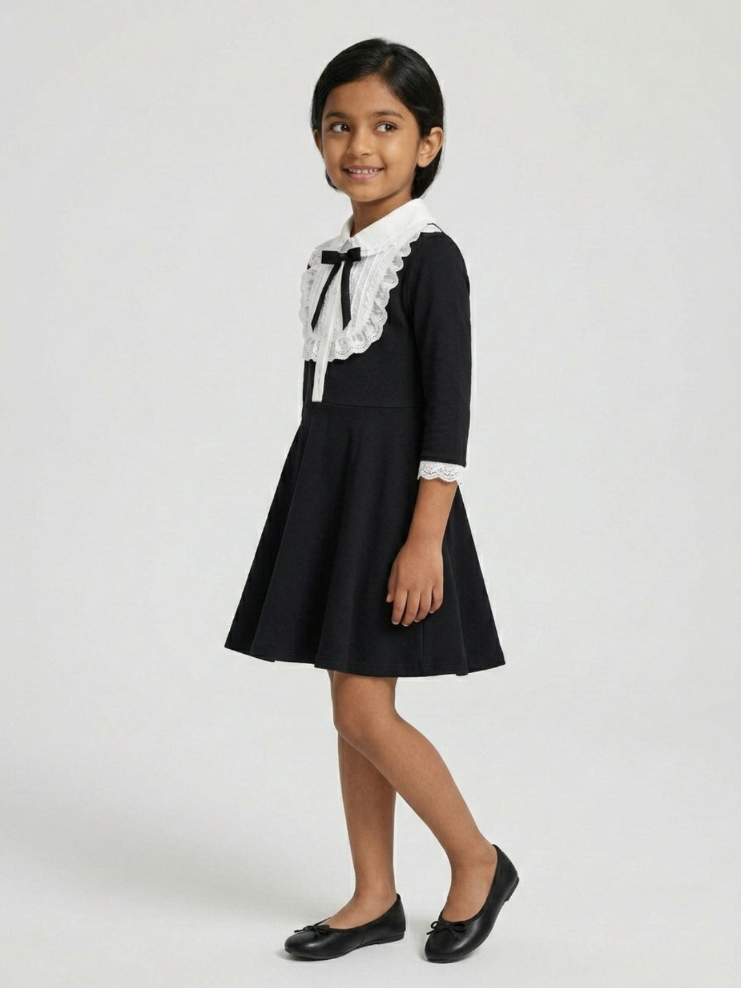 Biglilpeople Girls Black Embroidered Lace Spread Collar 3/4th Sleeves A-Line Dress