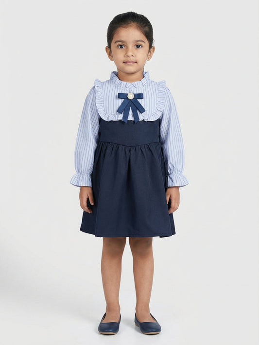 Biglilpeople Girls Blue Ruffled Neck Full Sleeves A-Line Dress