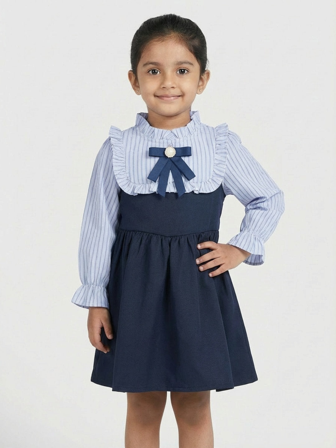 Biglilpeople Girls Blue Ruffled Neck Full Sleeves A-Line Dress