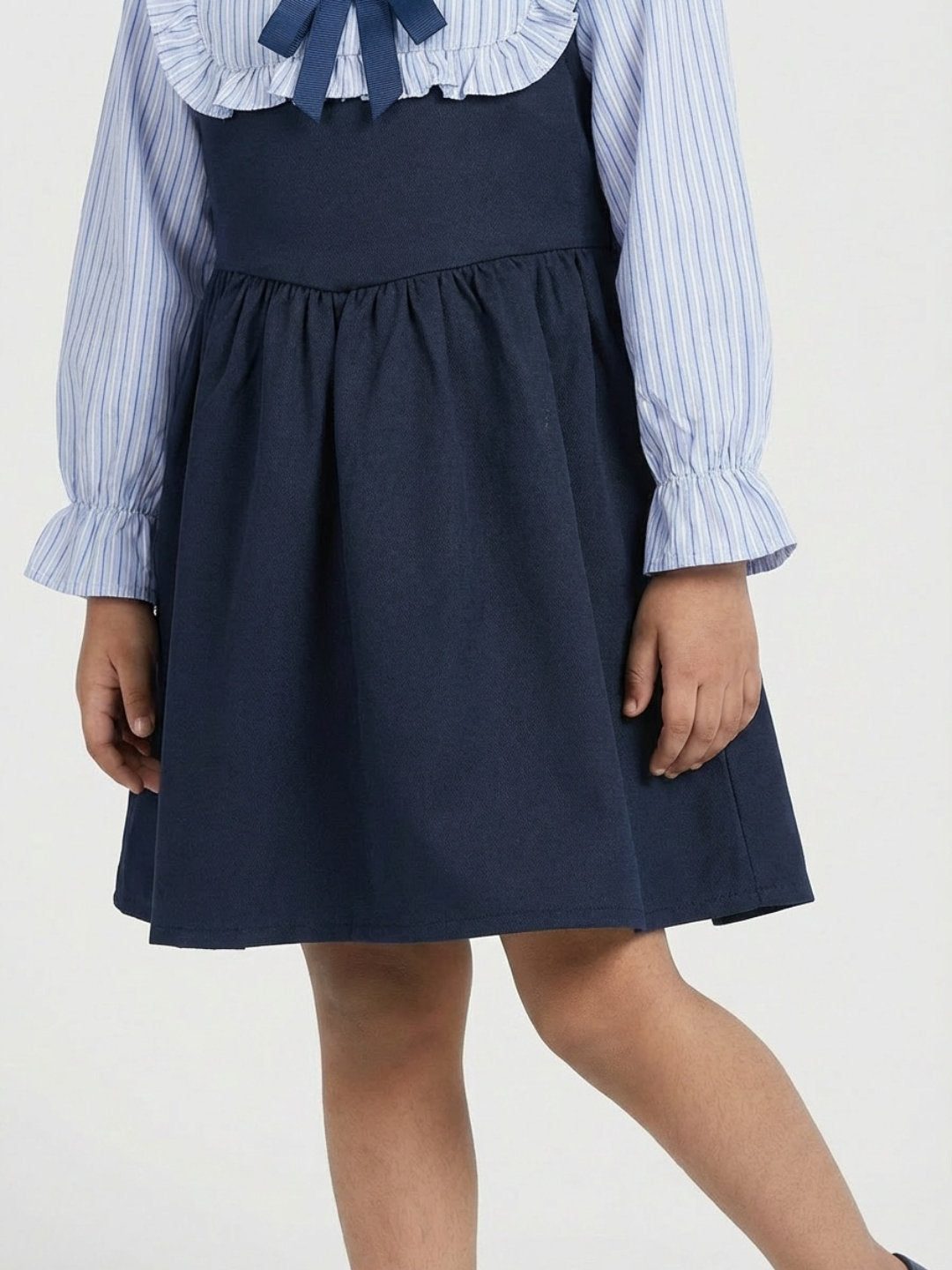 Biglilpeople Girls Blue Ruffled Neck Full Sleeves A-Line Dress