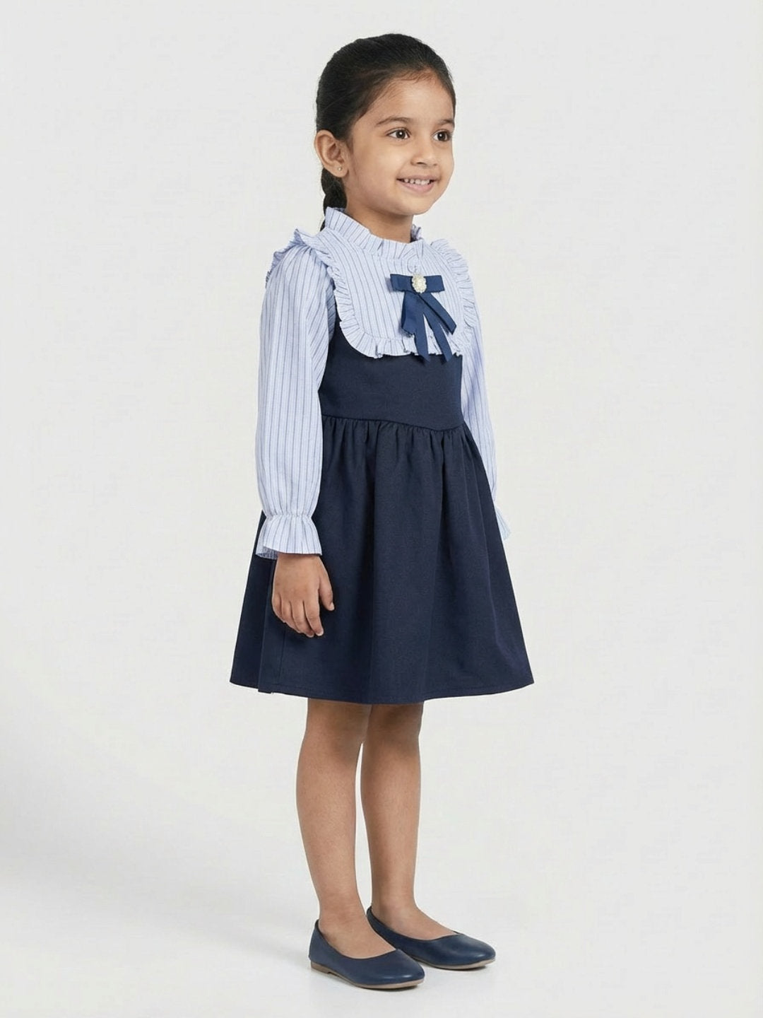 Biglilpeople Girls Blue Ruffled Neck Full Sleeves A-Line Dress