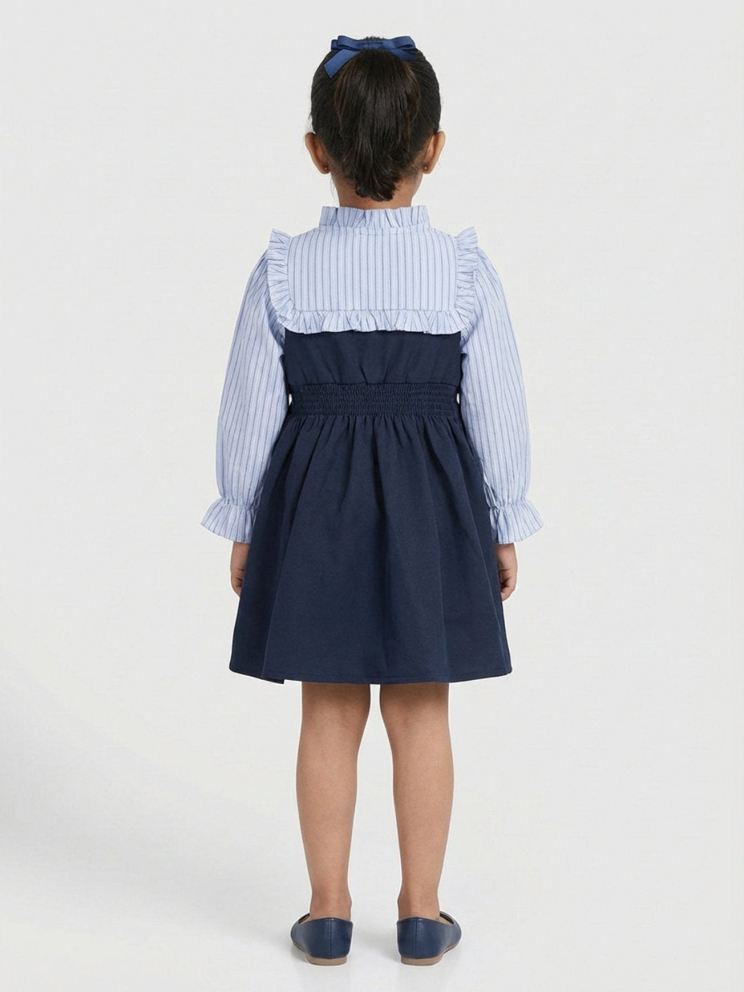 Biglilpeople Girls Blue Ruffled Neck Full Sleeves A-Line Dress