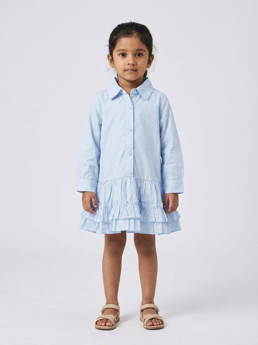 Biglilpeople Girls Blue Spread Collar Full Sleeves Drop-Waist Shirt Dress