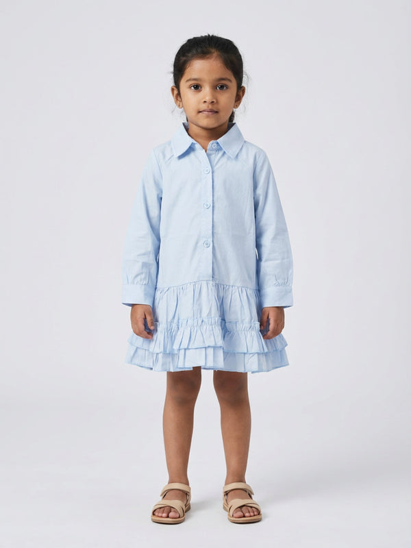 Biglilpeople Girls Blue Spread Collar Full Sleeves Drop-Waist Shirt Dress