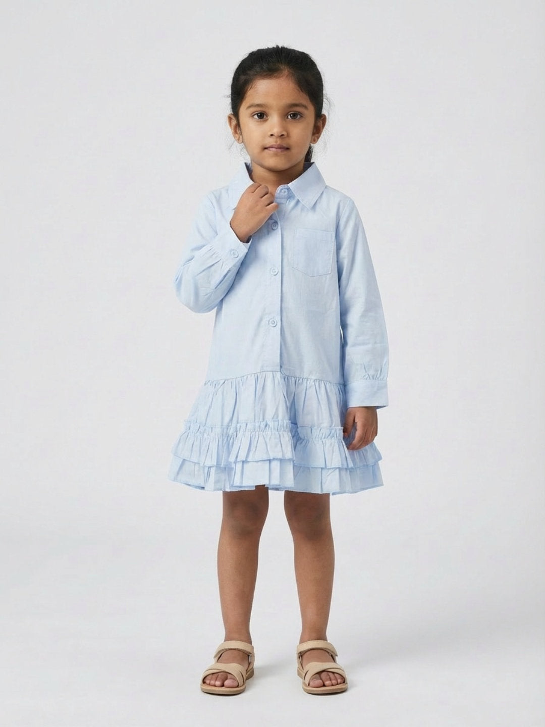 Biglilpeople Girls Blue Spread Collar Full Sleeves Drop-Waist Shirt Dress