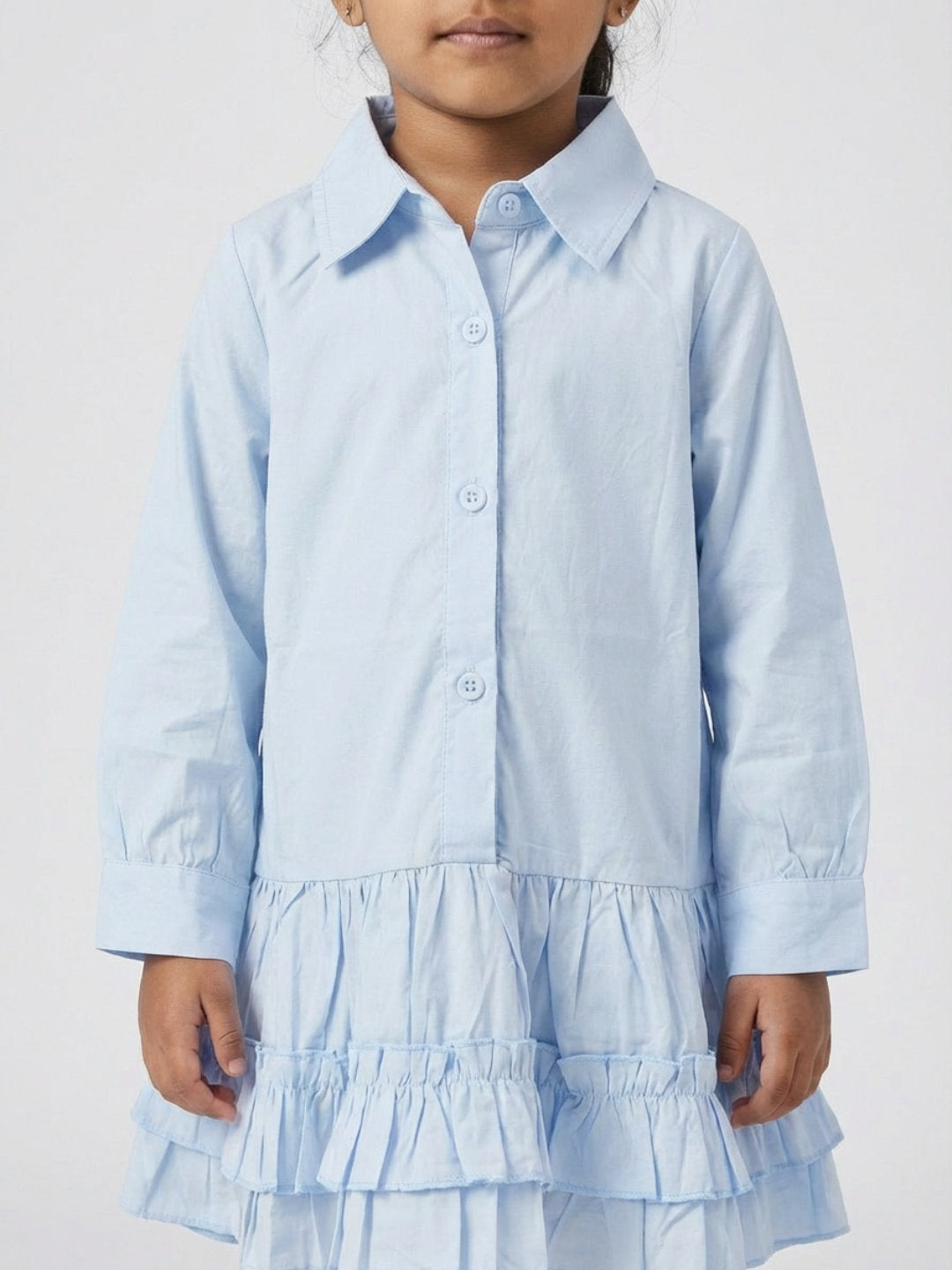 Biglilpeople Girls Blue Spread Collar Full Sleeves Drop-Waist Shirt Dress