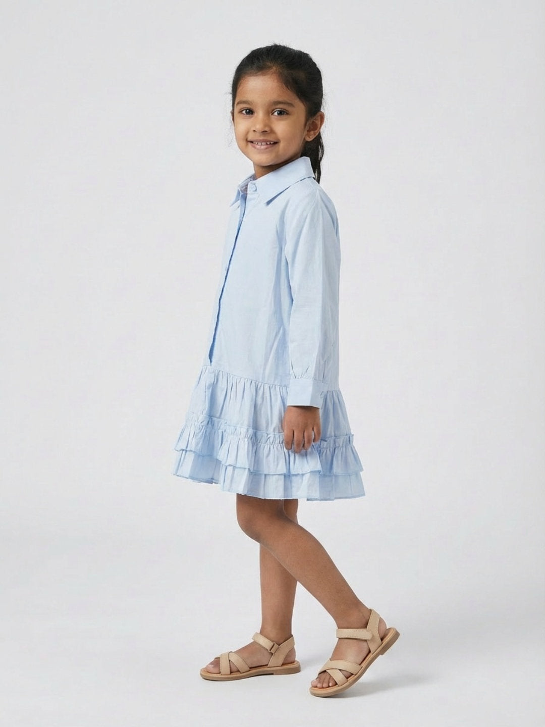 Biglilpeople Girls Blue Spread Collar Full Sleeves Drop-Waist Shirt Dress