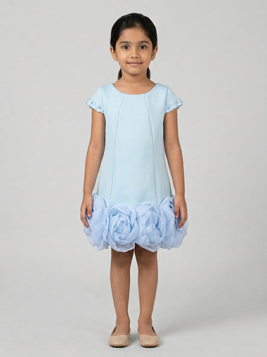 Biglilpeople Girls Aqua 3D Floral Round Neck Short Sleeves A-Line Dress