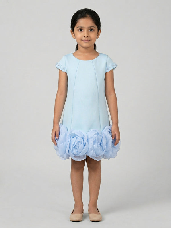 Biglilpeople Girls Aqua 3D Floral Round Neck Short Sleeves A-Line Dress