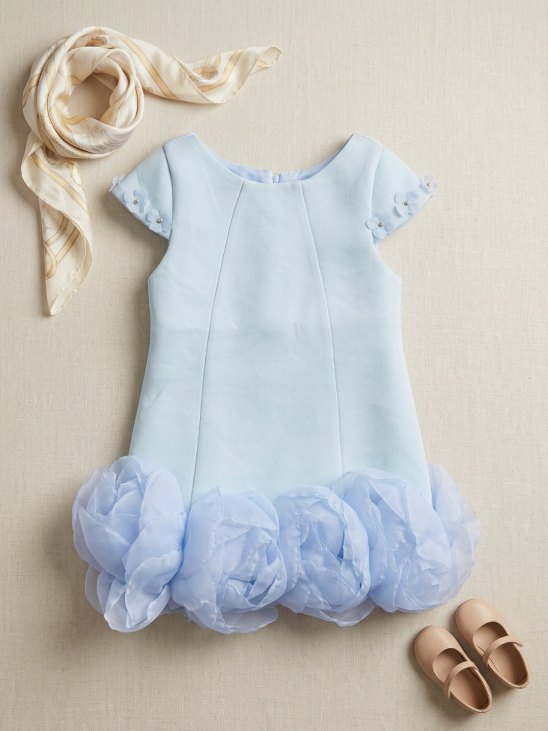 Biglilpeople Girls Aqua 3D Floral Round Neck Short Sleeves A-Line Dress