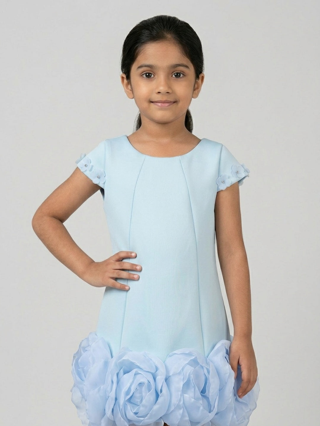 Biglilpeople Girls Aqua 3D Floral Round Neck Short Sleeves A-Line Dress