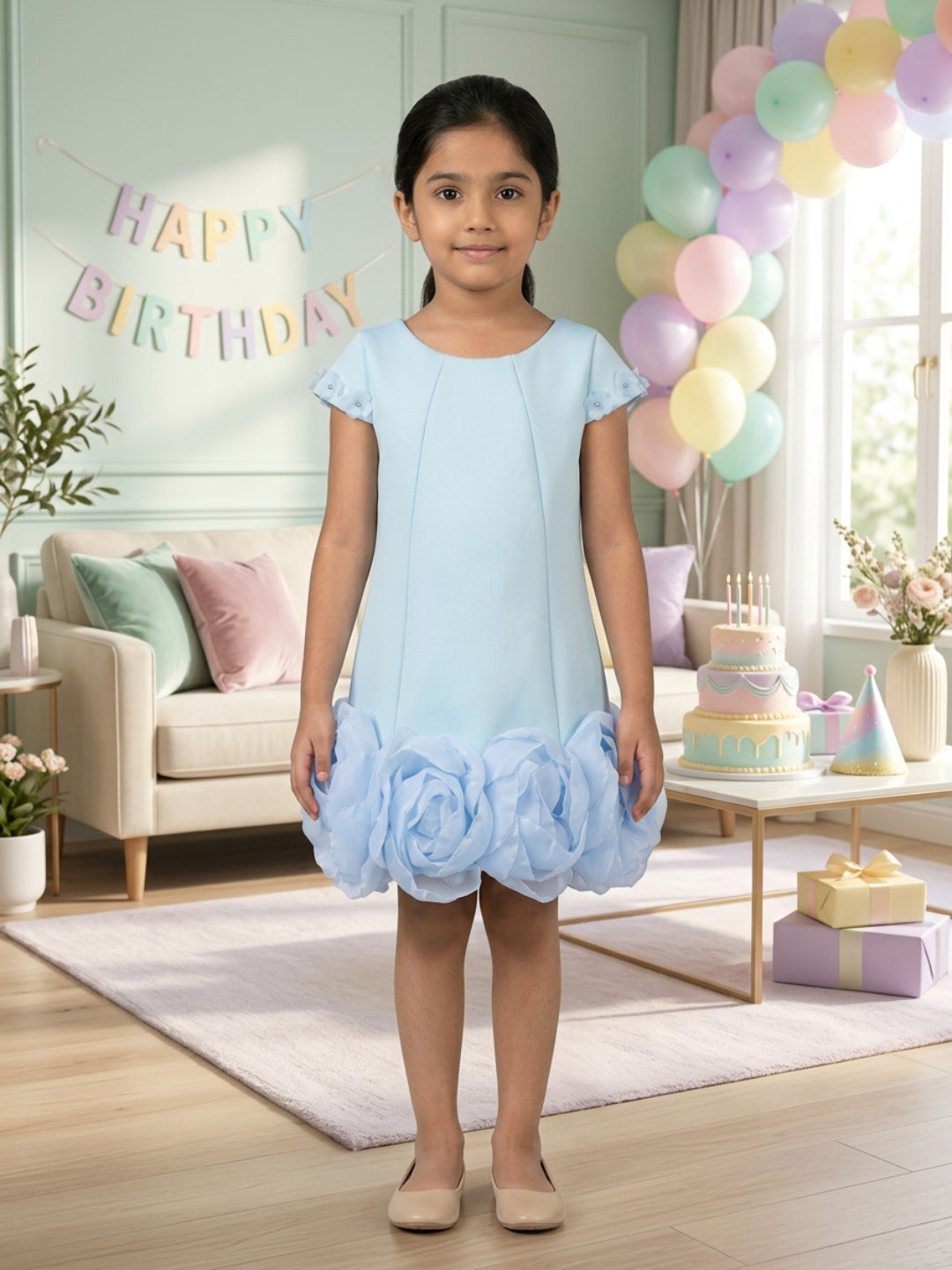 Biglilpeople Girls Aqua 3D Floral Round Neck Short Sleeves A-Line Dress