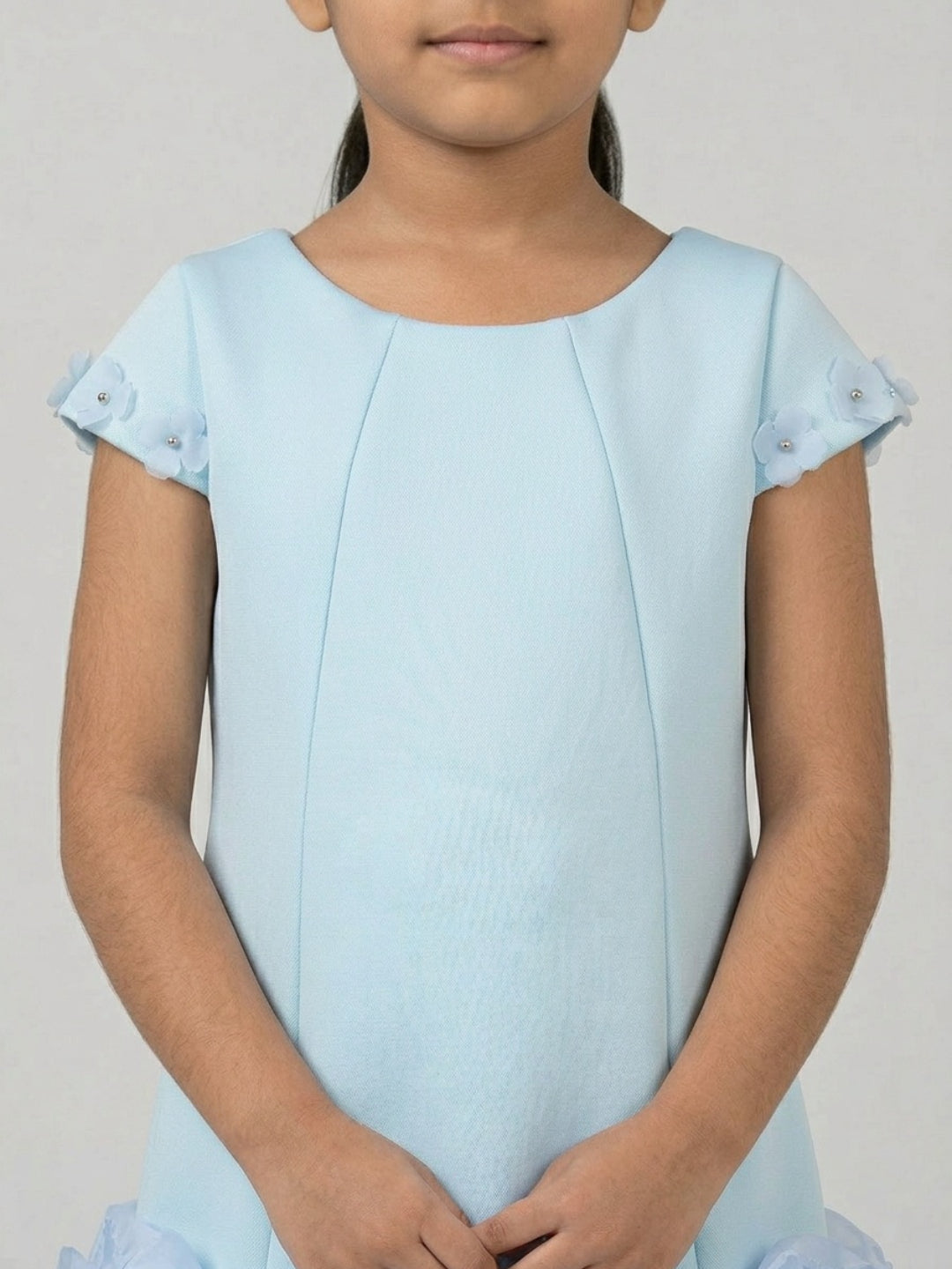 Biglilpeople Girls Aqua 3D Floral Round Neck Short Sleeves A-Line Dress