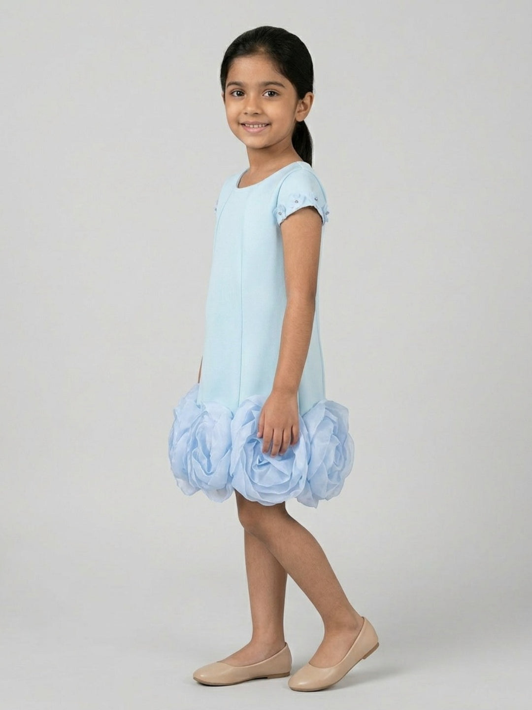 Biglilpeople Girls Aqua 3D Floral Round Neck Short Sleeves A-Line Dress