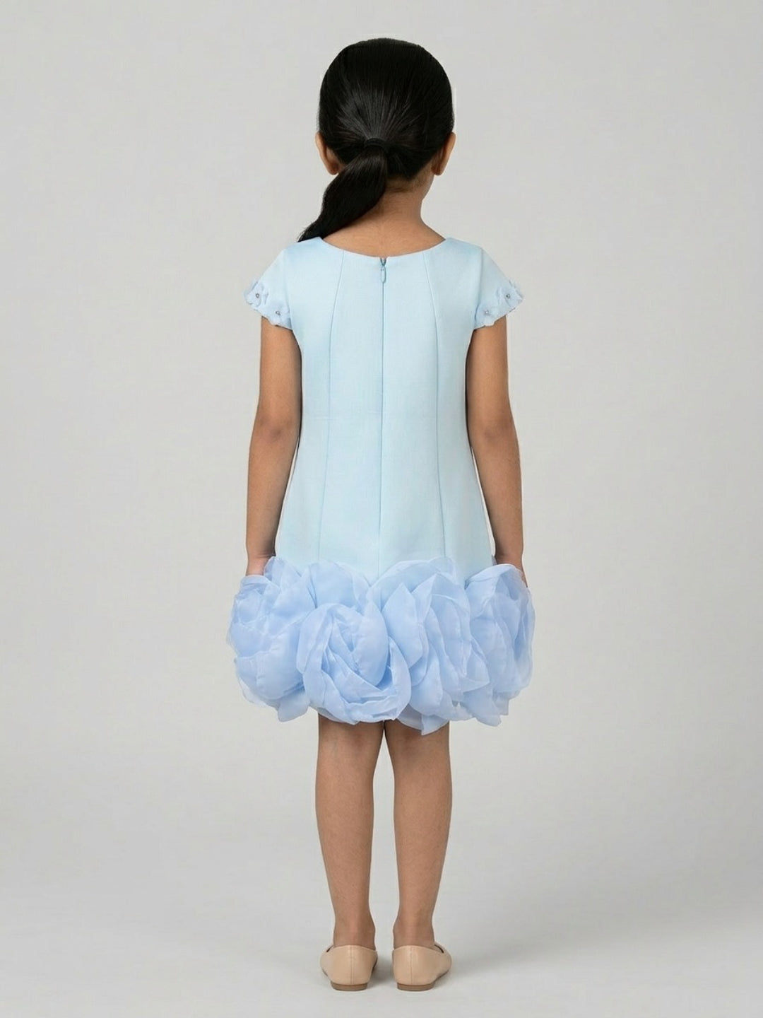 Biglilpeople Girls Aqua 3D Floral Round Neck Short Sleeves A-Line Dress