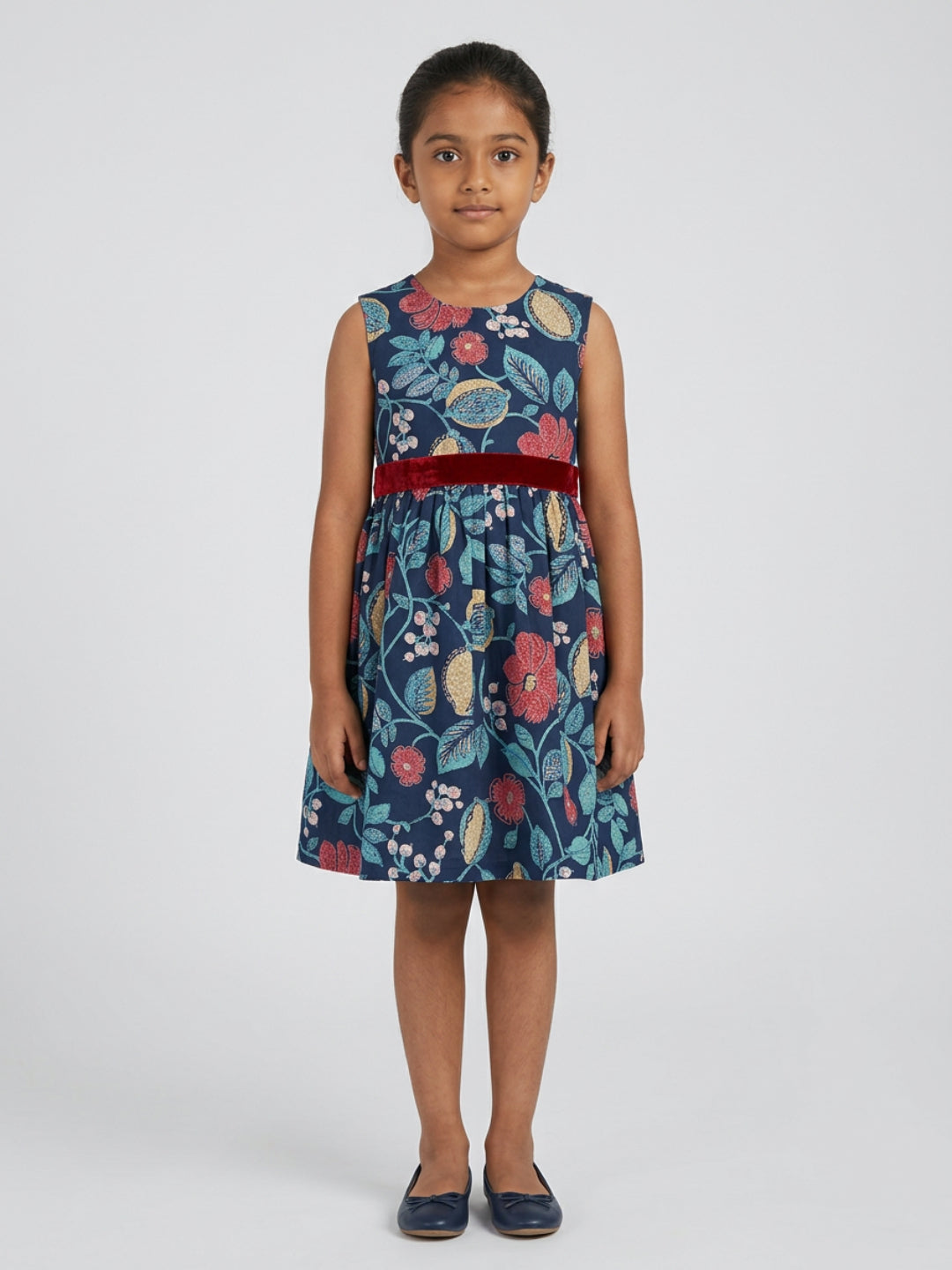 Vestido acampanado sin mangas con cuello redondo y estampado floral multicolor para niñas Biglilpeople