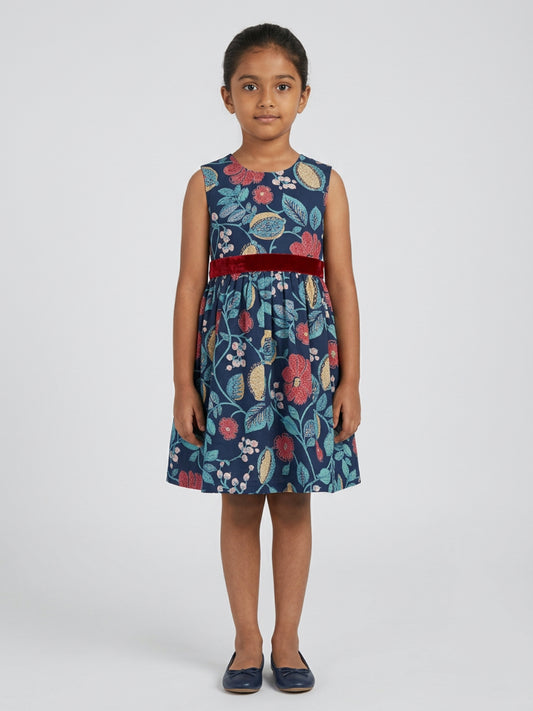 Biglilpeople Girls Multicolor Floral Print Round Neck Sleeveless A-Line Dress