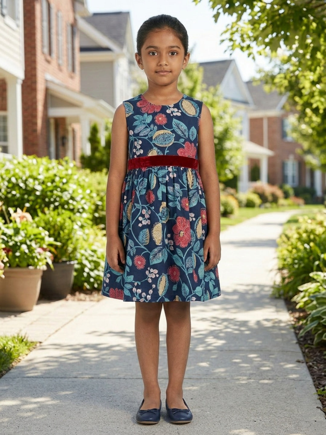 Vestido acampanado sin mangas con cuello redondo y estampado floral multicolor para niñas Biglilpeople