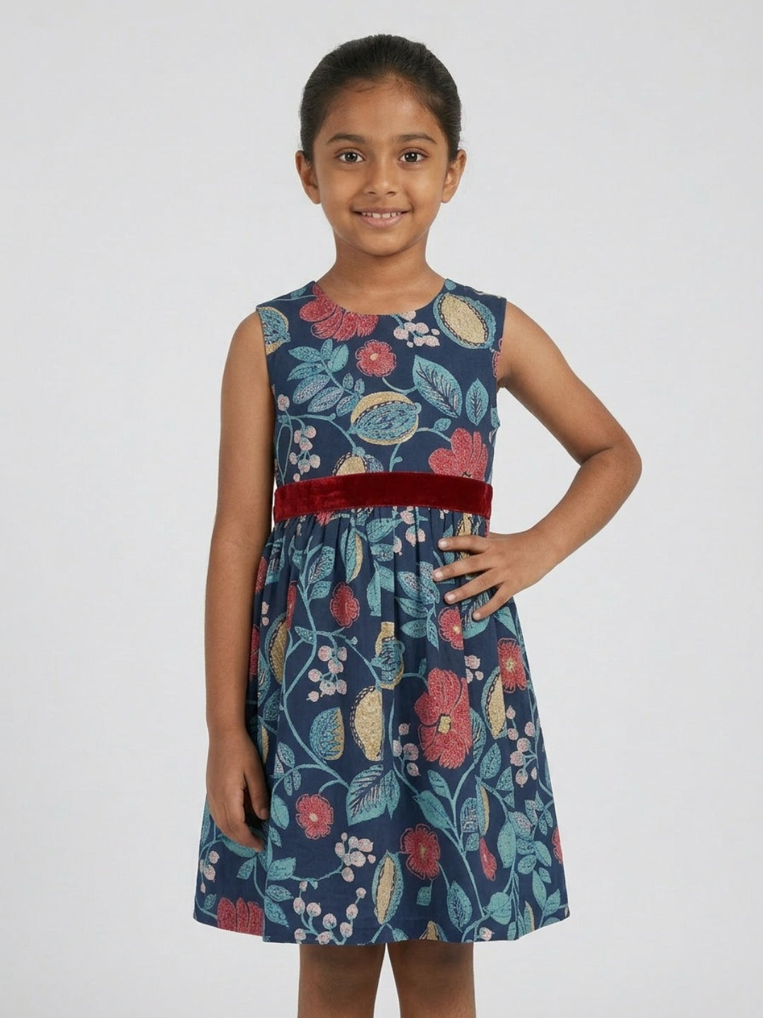 Vestido acampanado sin mangas con cuello redondo y estampado floral multicolor para niñas Biglilpeople
