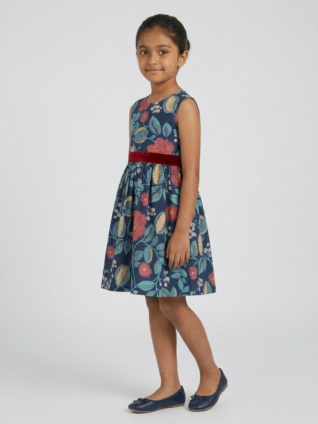 Biglilpeople Girls Multicolor Floral Print Round Neck Sleeveless A-Line Dress