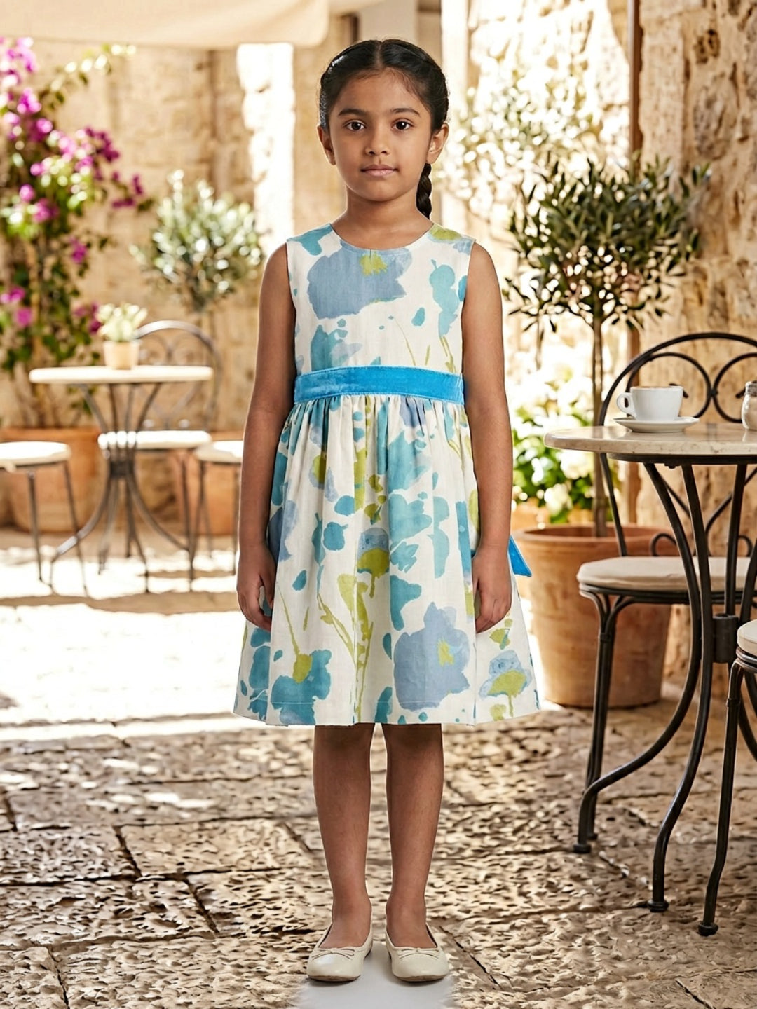 Vestido acampanado sin mangas con cuello redondo y estampado abstracto multicolor para niña de Biglilpeople