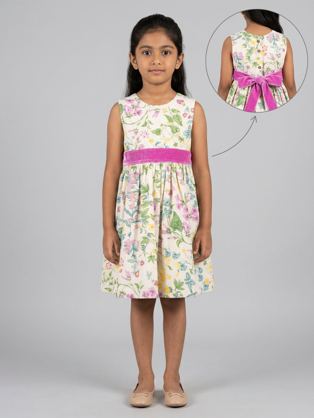 Biglilpeople Girls Multicolor Floral Print Round Neck Sleeveless A-Line Dress