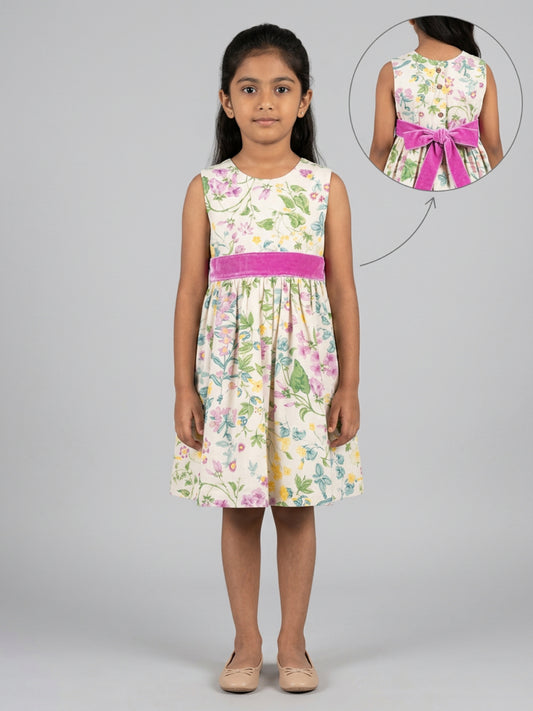 Biglilpeople Girls Multicolor Floral Print Round Neck Sleeveless A-Line Dress