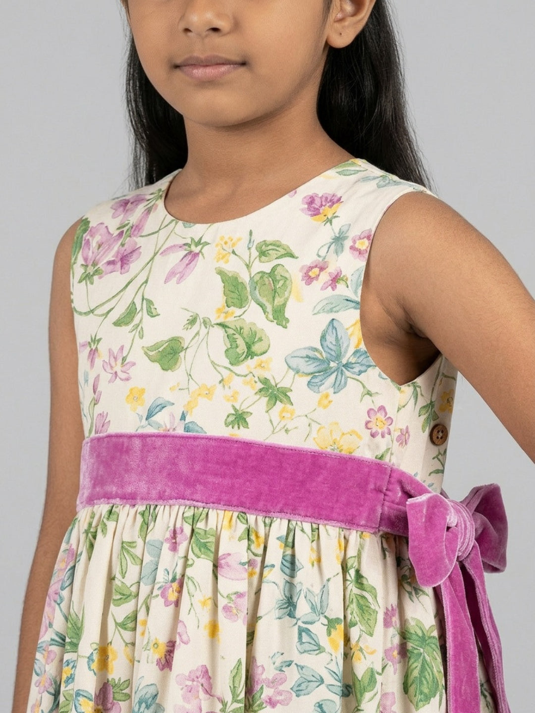 Vestido acampanado sin mangas con cuello redondo y estampado floral multicolor para niñas Biglilpeople