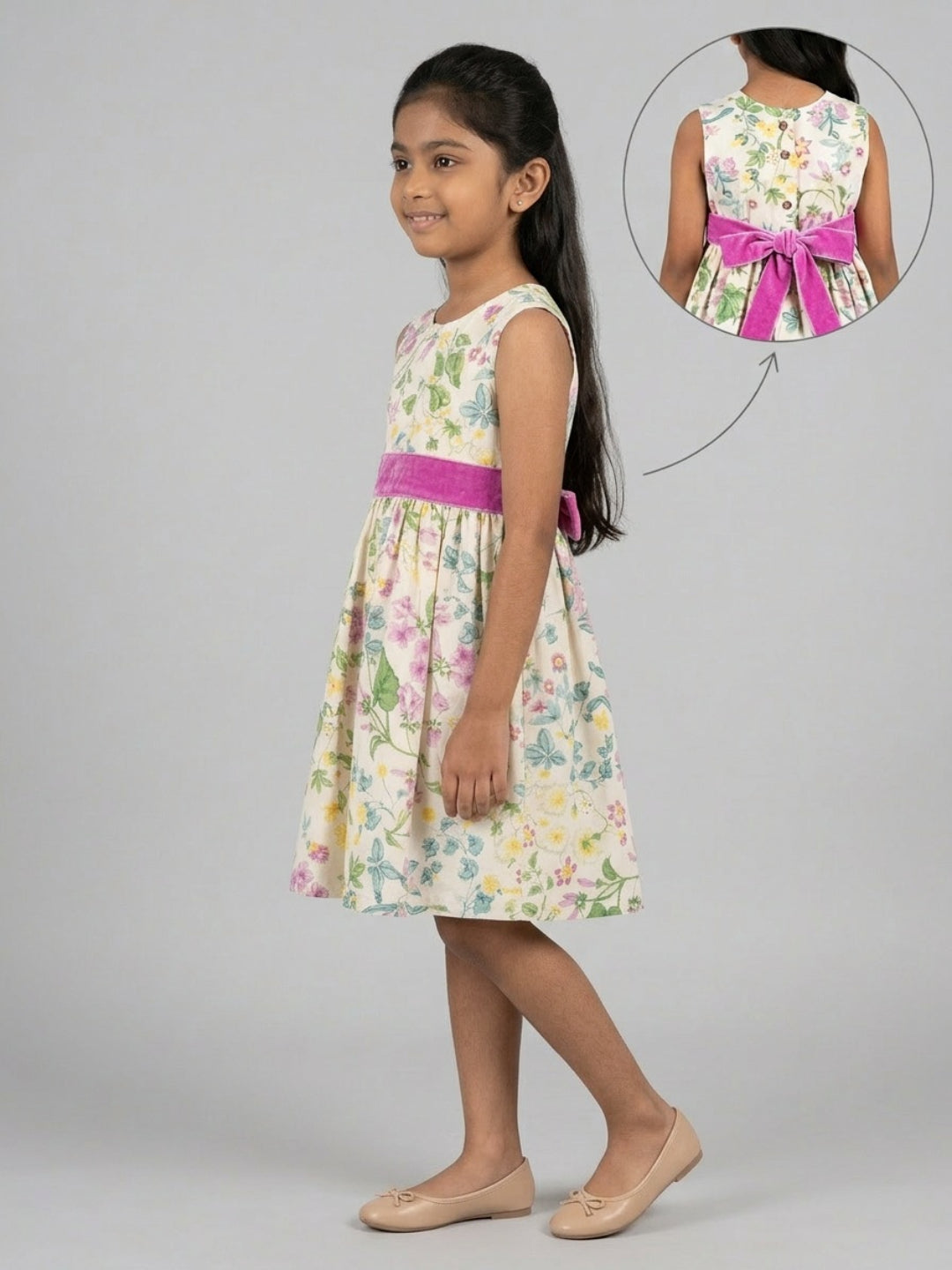 Biglilpeople Girls Multicolor Floral Print Round Neck Sleeveless A-Line Dress