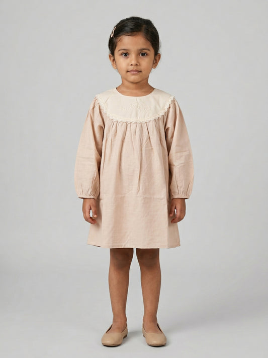 Biglilpeople Girls Peach Embroidered Lace Round Neck Long Sleeves A-Line Dress