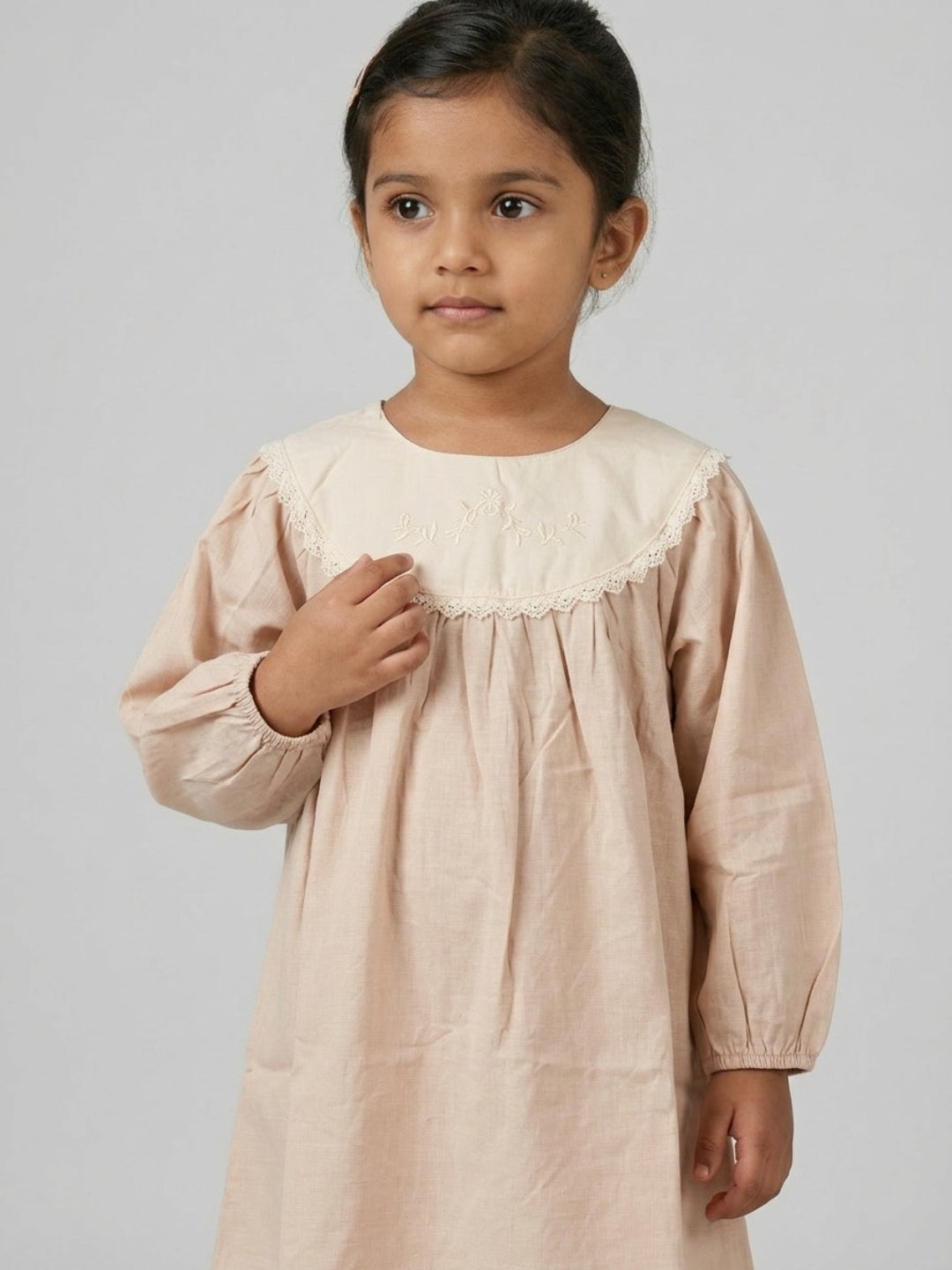 Biglilpeople Girls Peach Embroidered Lace Round Neck Long Sleeves A-Line Dress