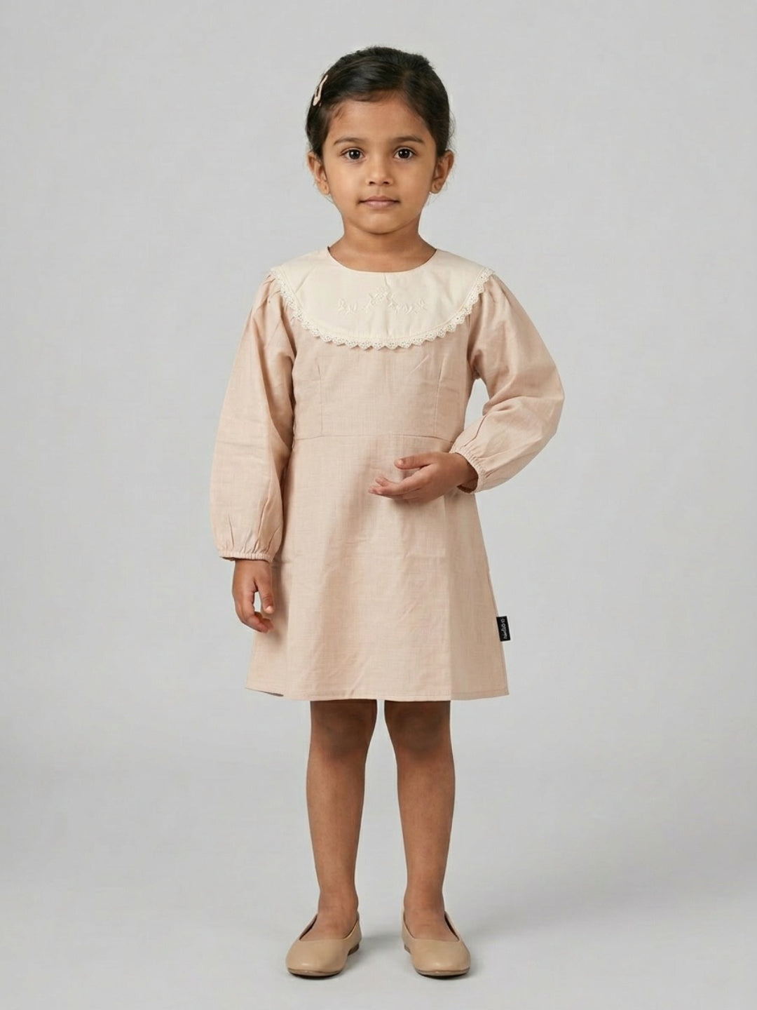 Biglilpeople Girls Peach Embroidered Lace Round Neck Long Sleeves A-Line Dress