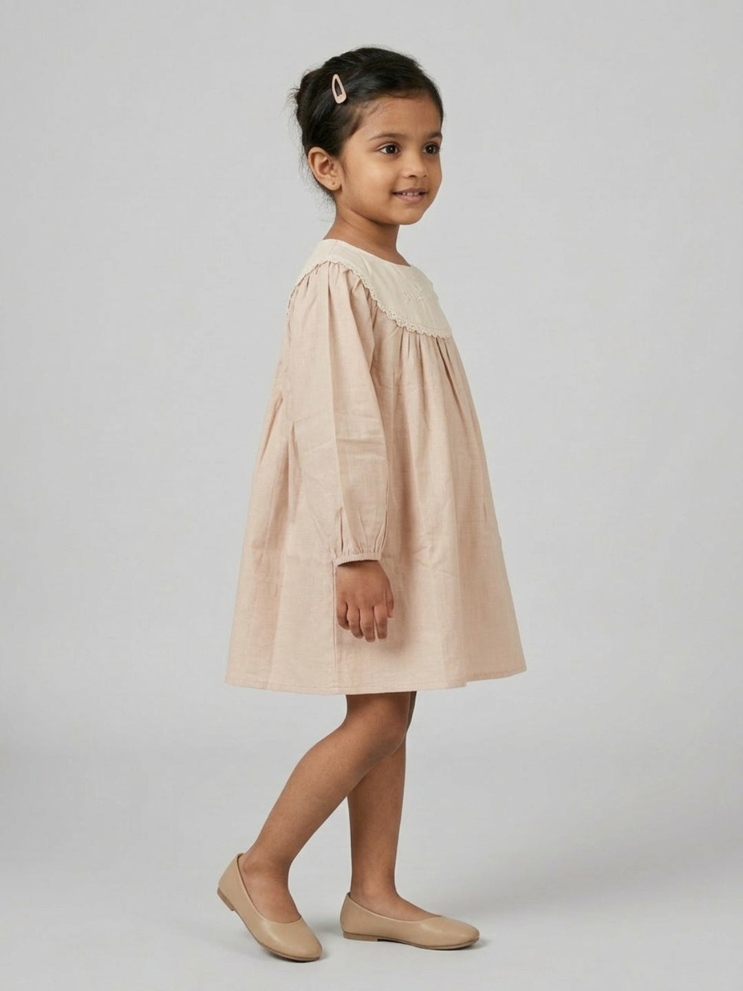 Biglilpeople Girls Peach Embroidered Lace Round Neck Long Sleeves A-Line Dress