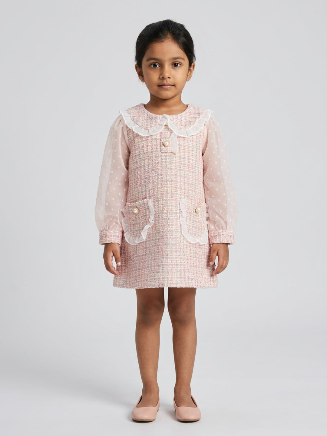 Biglilpeople Girls Pink Dobby Peter Pan Collar Long Mesh Sleeves A-Line Dress
