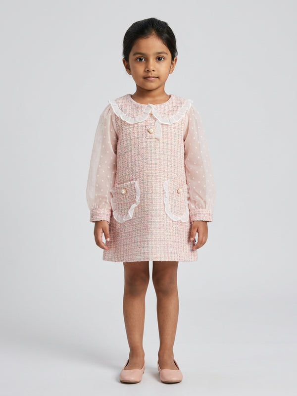 Biglilpeople Girls Pink Dobby Peter Pan Collar Long Mesh Sleeves A-Line Dress