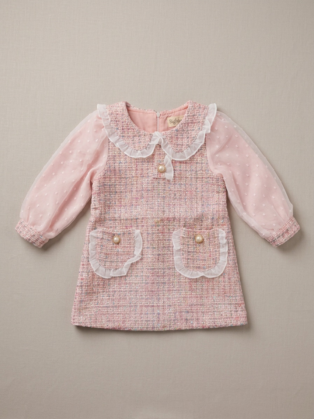 Biglilpeople Girls Pink Dobby Peter Pan Collar Long Mesh Sleeves A-Line Dress