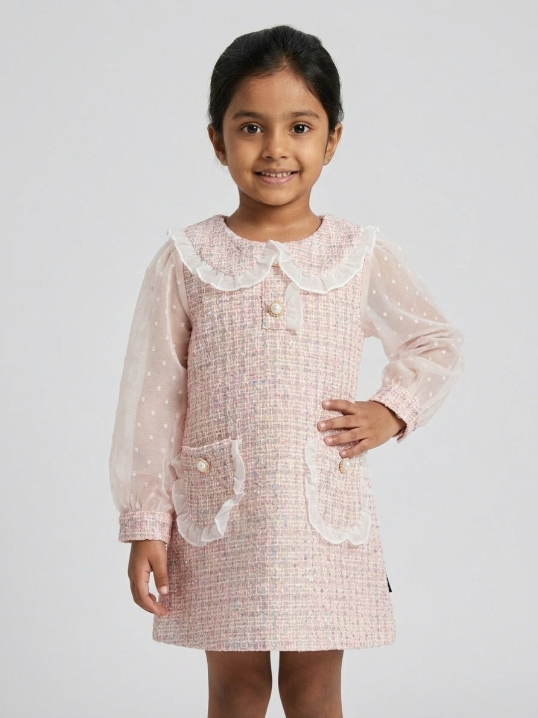 Biglilpeople Girls Pink Dobby Peter Pan Collar Long Mesh Sleeves A-Line Dress