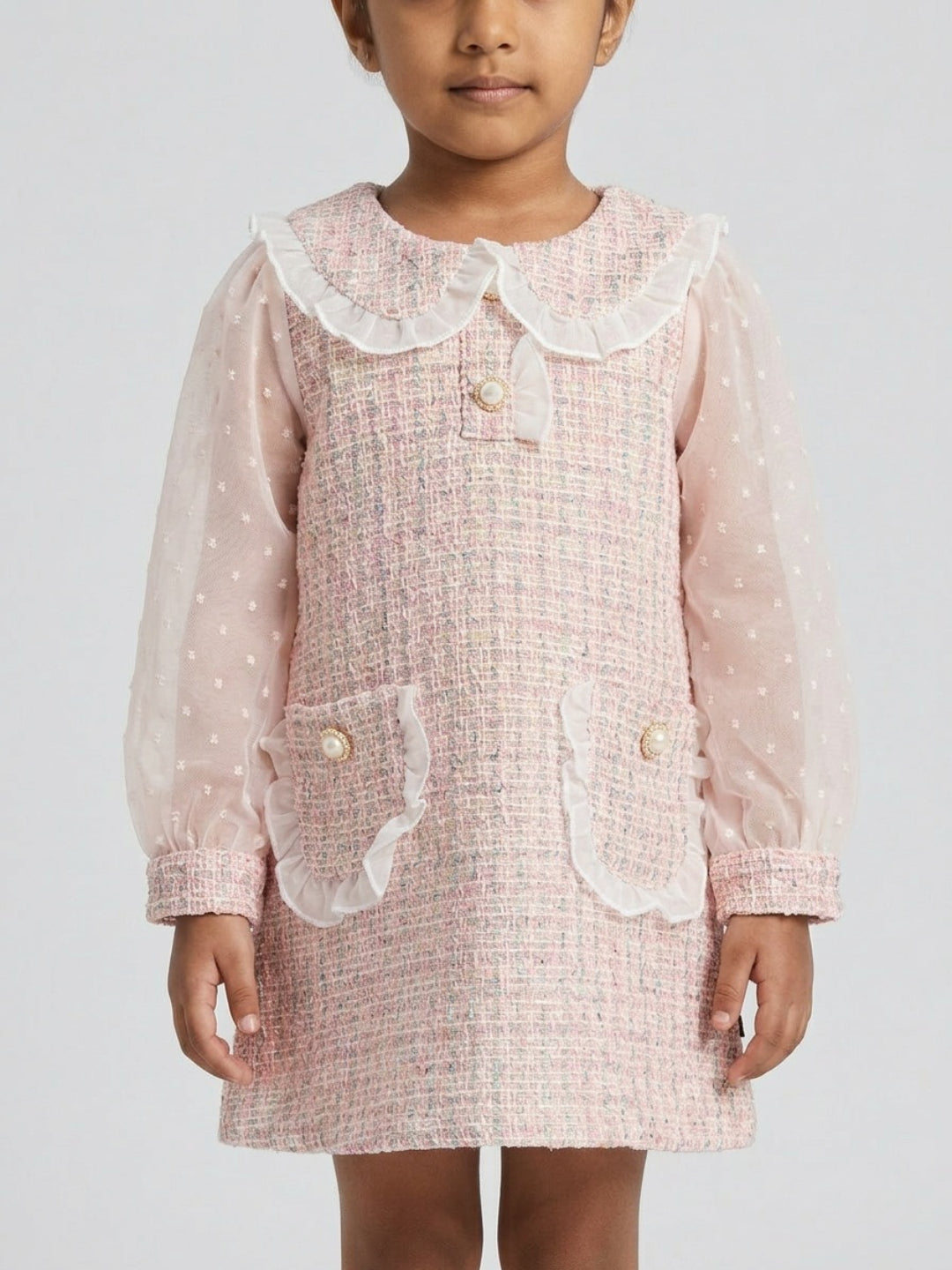Biglilpeople Girls Pink Dobby Peter Pan Collar Long Mesh Sleeves A-Line Dress