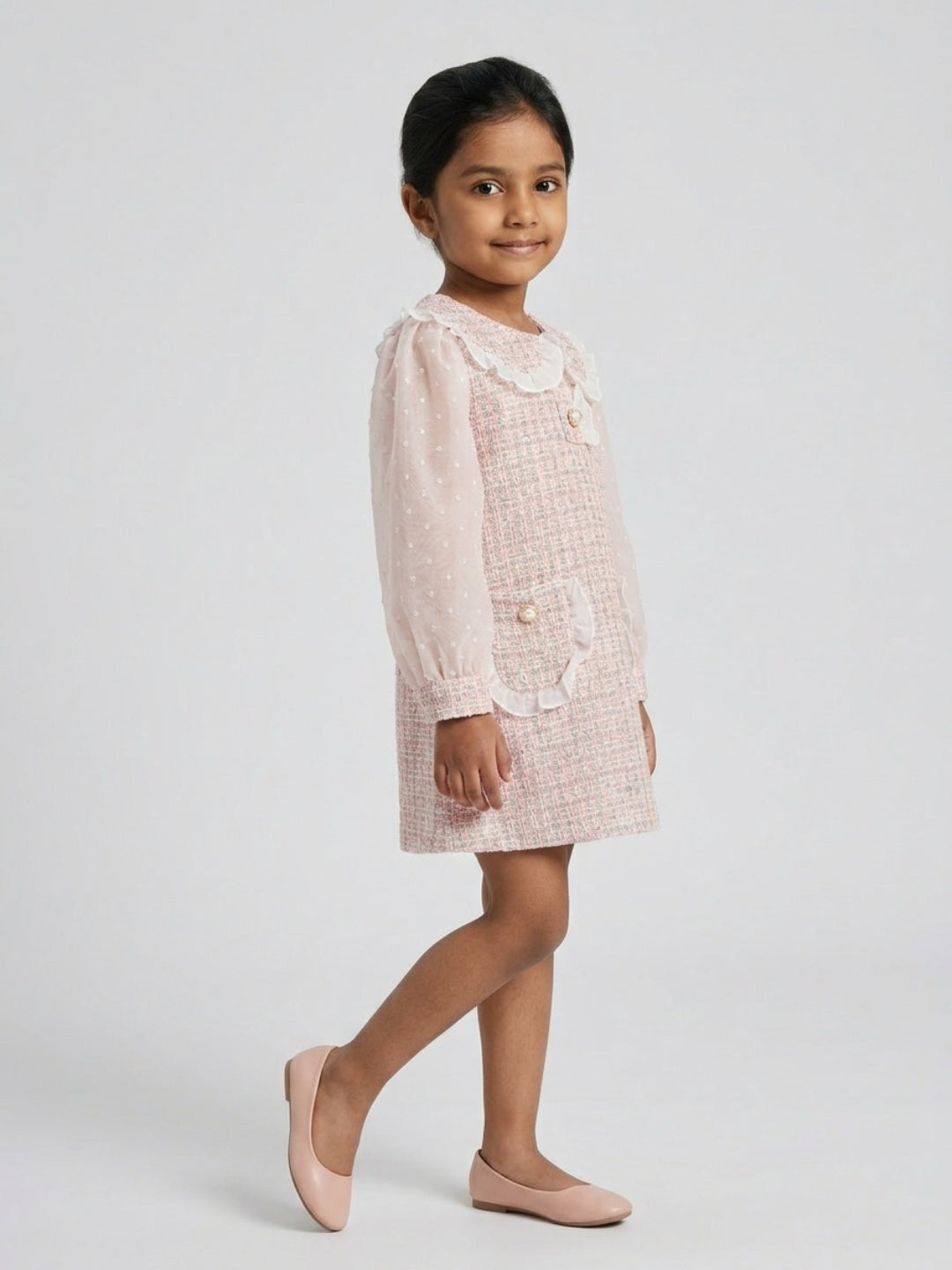 Biglilpeople Girls Pink Dobby Peter Pan Collar Long Mesh Sleeves A-Line Dress